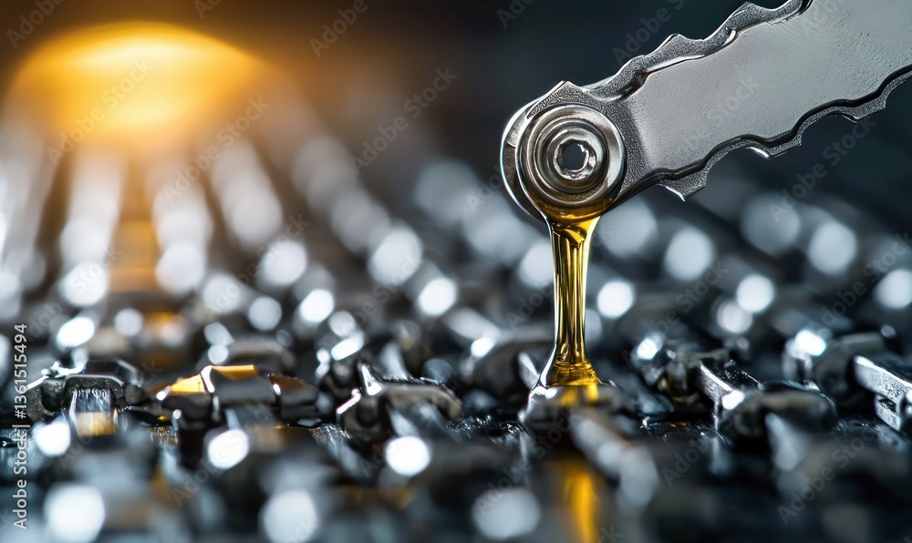 Poster golden lubricant drips smoothly onto a gleaming bicycle chain, ensuring optimal performance and long