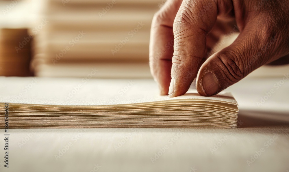 Poster a hand presses down on a neat stack of paper, highlighting its texture and pristine surface.