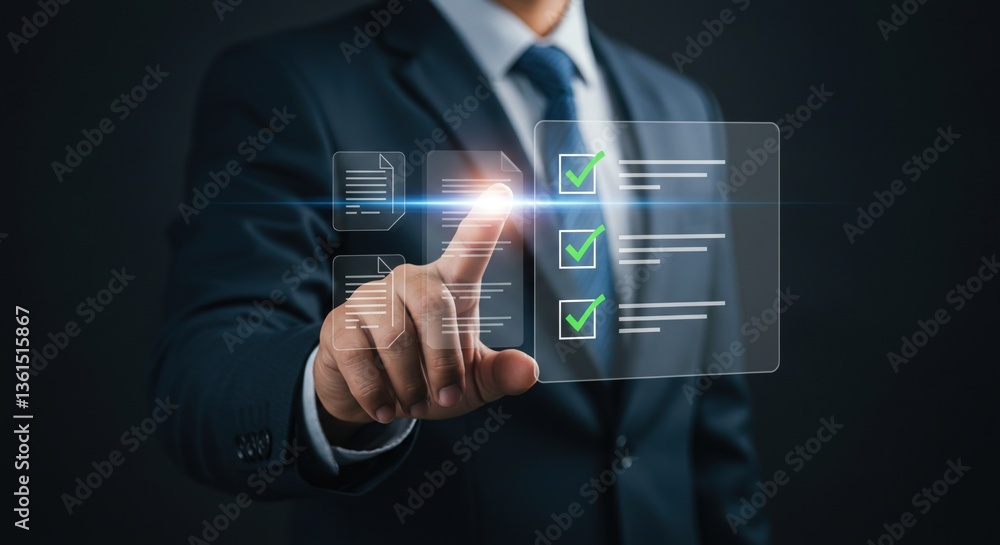 Poster a professional male businessman in a suit interacting with a modern digital interface featuring chec