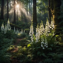 A fairytale-inspired scene with glowing white foxgloves in an enchanted forest.