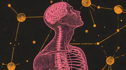 Mind map, neural network, human anatomy, dark background, concept art