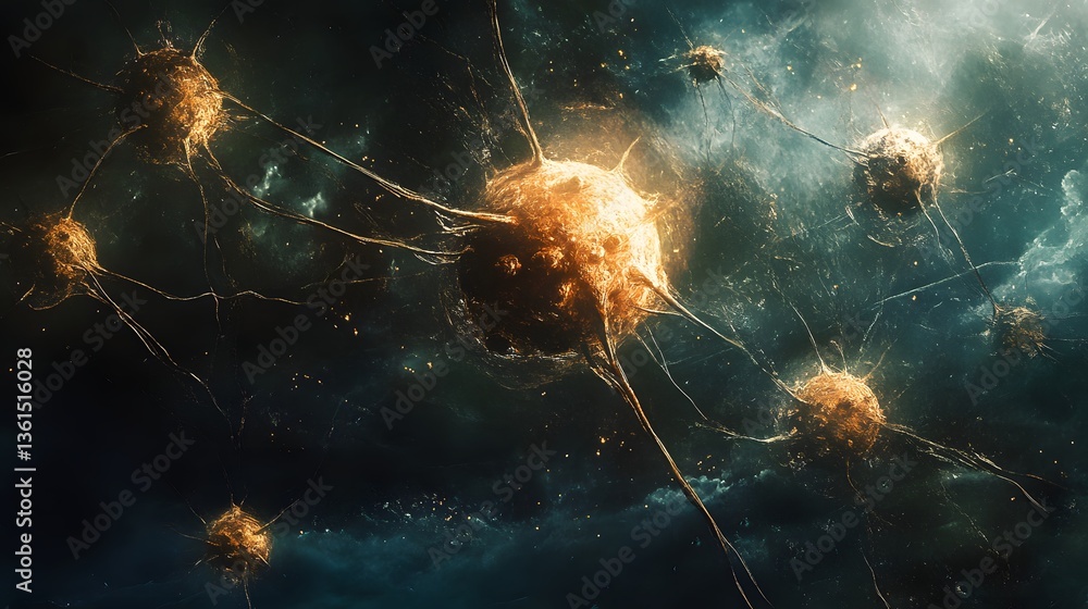 Poster neural network exploding; cosmic backdrop; science; research