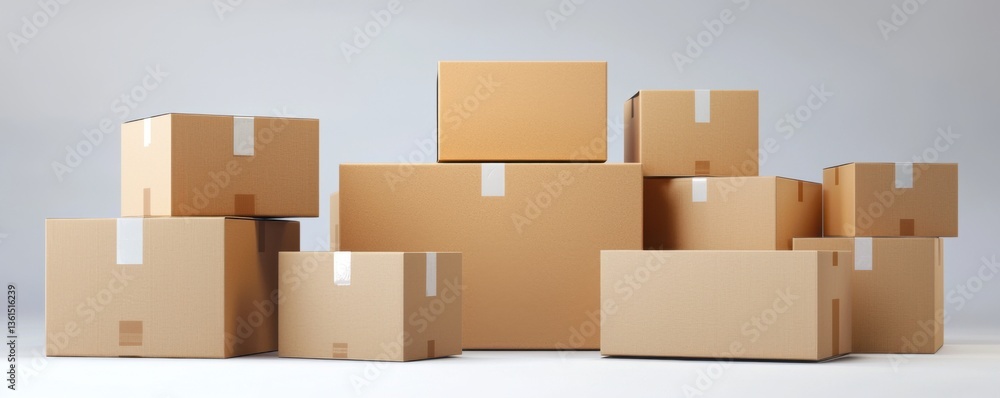 Poster a collection of cardboard boxes stacked in various sizes, arranged neatly against a plain background