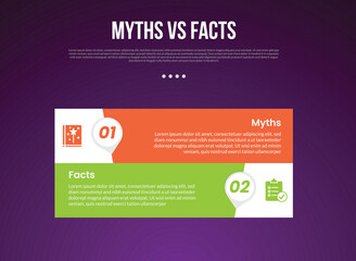 myths vs facts infographic for comparison data with big rectangle shape stack with modern dark gradient style background with 2 point information