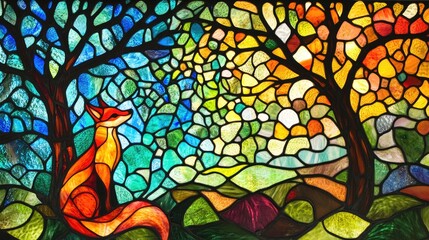 Stained Glass Fox in Autumnal Landscape