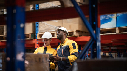 Two men in yellow and black safety gear are looking at a box on a pallet. They are wearing hard...