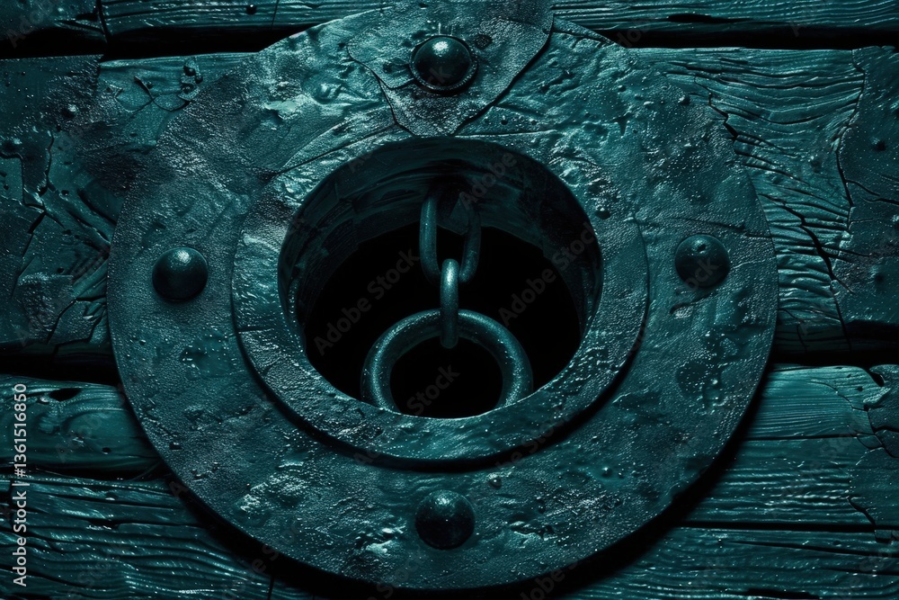 Poster a close-up view of a circular metal ring embedded in an aged wooden surface, showcasing rustic textu