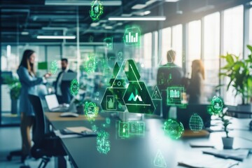 Eco icons and data processing driving sustainable business practices in modern office environment, eco icons and data processing over diverse business people in office