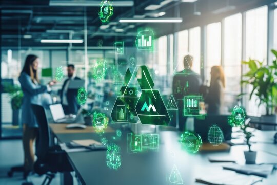 Eco icons and data processing driving sustainable business practices in modern office environment, eco icons and data processing over diverse business people in office