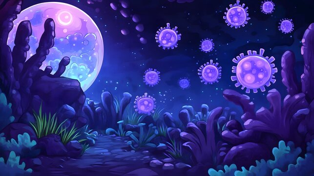 Nighttime virus landscape, glowing moon, game background