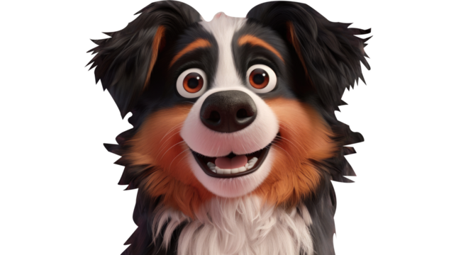 3D cartoon rough collie dog with a big smile on its face, looking happy and excited.