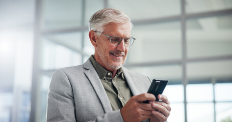 Smile, mature businessman and CEO with mobile in office for typing, investment or reading financial news. Phone, corporate executive and check email for profit, private equity and venture capital