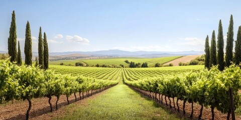 Fototapeta premium A picturesque Mediterranean vineyard garden with lush vines, vibrant flowers, and stunning scenic views.