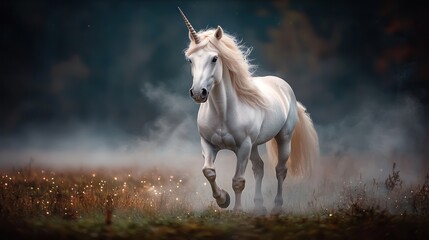 Fototapeta premium Majestic white unicorn galloping through mystical fog