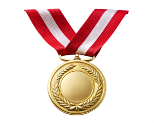 Golden award medal with red ribbons on symbolizing achievement  isolated  on white  background PNG. GENERATIVE AI