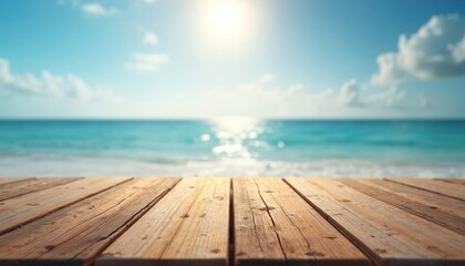 Fototapeta premium Empty wooden table on beach with blue sea background. Sunny day, table top, ocean view, horizon, copy space. Summer vacation backdrop, product display, natural background. Relaxing mood, travel,