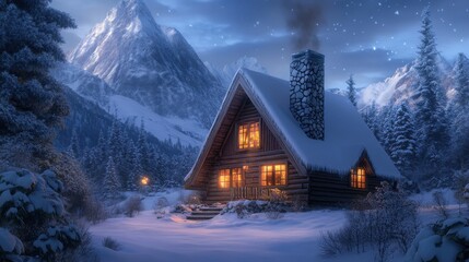 Fototapeta premium Cozy winter cabin surrounded by snow-covered mountains at night
