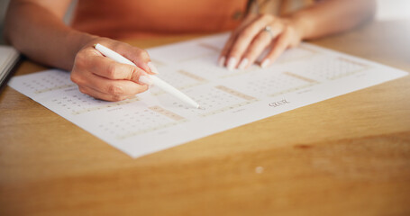 Woman, planning and hands with date on calendar for organized reminder, deadline update or time...
