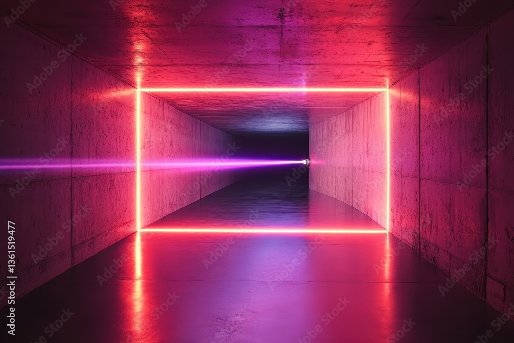 Poster laser glows in a rectangular tunnel with vibrant neon lights creating a captivating visual experienc
