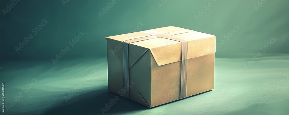 Poster a simple, sealed cardboard box sits on a smooth surface, illuminated by soft light, creating an invi