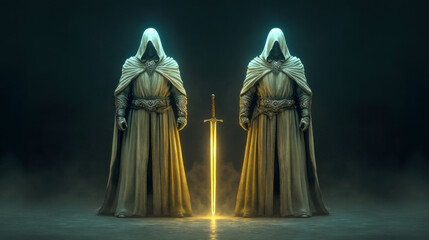 Two cloaked figures stand facing each other, illuminated by a mystical glow, with a sword positioned between them, creating an aura of mystery and tension.