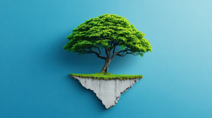 A vibrant green tree growing from a floating, irregular piece of concrete against a blue background, symbolizing nature and surrealism.