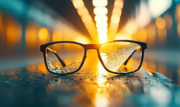 A pair of broken glasses with cracked lenses symbolizes impaired vision against a blurred backdrop.