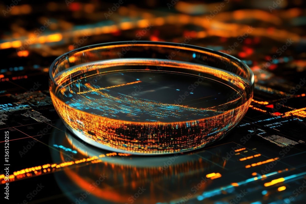 Poster data processing with scope scanning on a dark background featuring illuminated patterns and a glass 