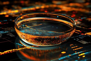 Data processing with scope scanning on a dark background featuring illuminated patterns and a glass dish, data processing over scope scanning on black background