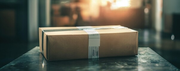 A close-up of a cardboard package resting on a surface, with soft lighting creating a warm and inviting atmosphere.