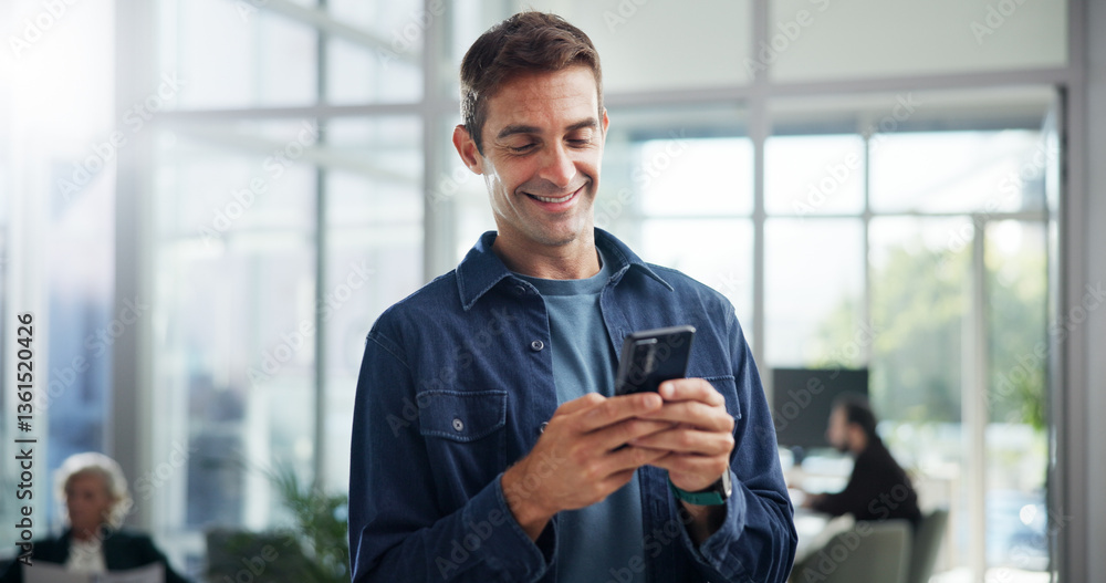 Poster typing, creative and business man with phone in office for networking, text message or brand special