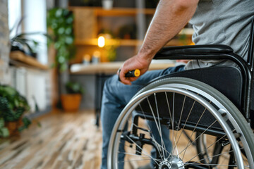 A person using a wheelchair working at a desk in a small, modern office