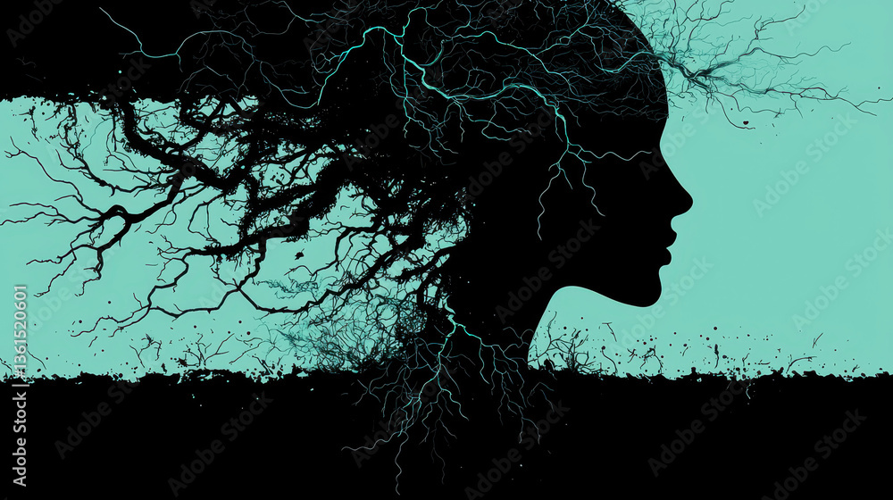 Poster exploring the duality of bipolar disorder through a split head design featuring chaotic and serene e