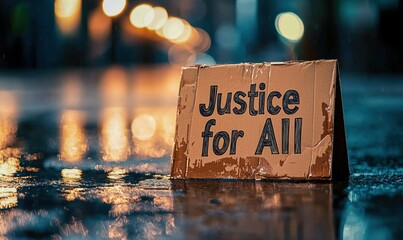 A sign proclaiming 'Justice for All' is displayed on a rainy city street at night.