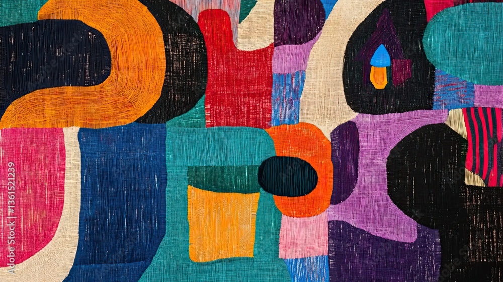 Poster colorful abstract artwork showcasing textured textile and shapes throughout the pattern