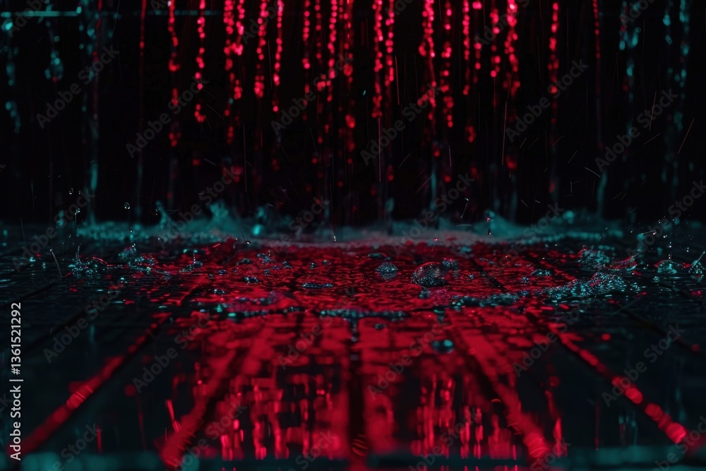 Poster a vibrant display of water droplets falling and creating ripples, illuminated by striking red and bl