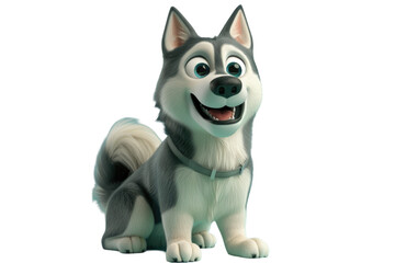 A cute cartoon 3d husky puppy with a happy expression, sitting on png background.