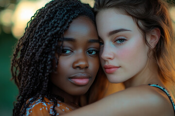 Fototapeta premium A lesbian couple, an African American woman and a white woman, hug while looking at the camera. LGBT relationship concept
