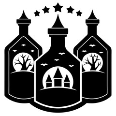 A set of potion bottle label with eerie design silhouette vector illustration 