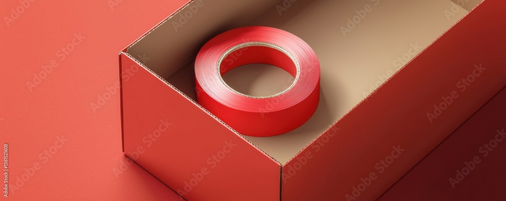 Poster a red tape roll sits inside an open cardboard box against a matching red background, showcasing a mi