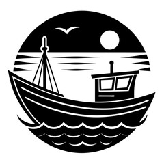A small fishing boat against a sunrise sky silhouette vector illustration