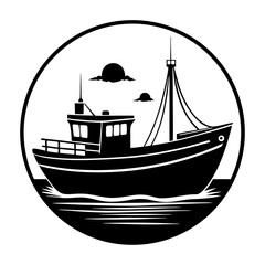 A small fishing boat against a sunrise sky silhouette vector illustration