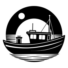 A small fishing boat against a sunrise sky silhouette vector illustration
