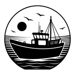 A silhouette of a fishing boat and a ship sailing on the sea with a clear sky and gentle waves, evoking a sense of travel and adventure on the water