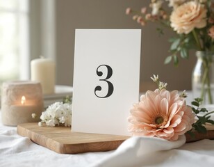 White table number three mockup wedding decoration. Blank card, floral decoration, wooden tray, candle light, copy space. Romantic wedding party, elegant celebration, minimal design.