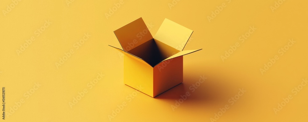 Poster a simple yellow box sits open against a corresponding yellow background, emphasizing minimalism and 
