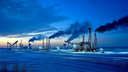 Obraz premium Industrial Night with Steel Behemoth and Industrial Pollution from Oil Refining Factories and Chimneys