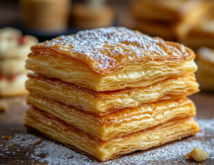 vA stack of flaky, golden puff pastry squares dusted with sugar on top and inside