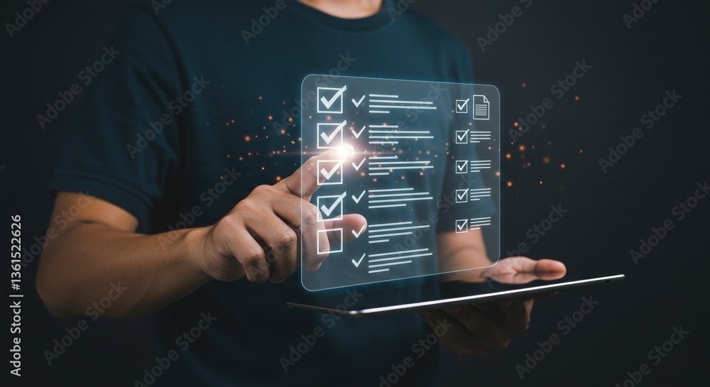 Poster a young adult male using a digital tablet to interact with a virtual checklist interface representin