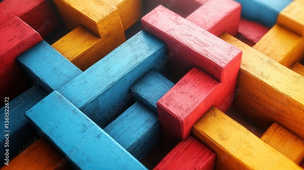Poster colorful interlocking wooden blocks arranged creating an abstract composition